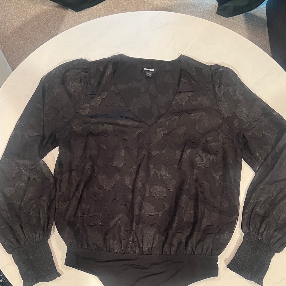 Express Black Floral V-Neck Long Sleeve Bodysuit